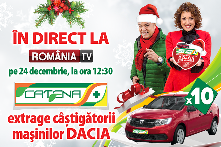 Urmareste in direct la Romania TV, pe 24 decembrie, ora 12:30, extragerea castigatorilor masinilor Dacia oferite de Catena!