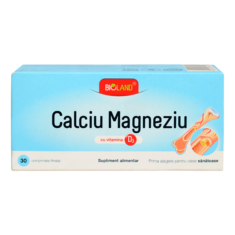 Calciu Magneziu cu vitamina D3, 30 comprimate filmate, Bioland