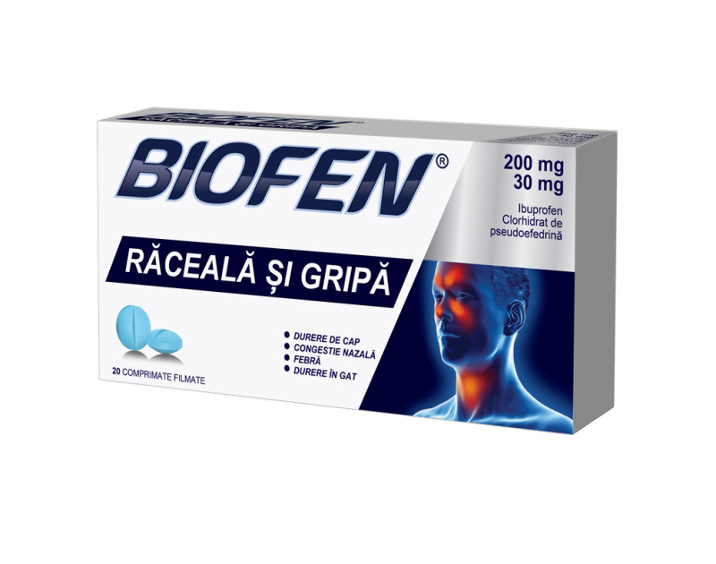 Biofen raceala si gripa, 200 mg / 30 mg, 20 comprimate filmate, Biofarm ...