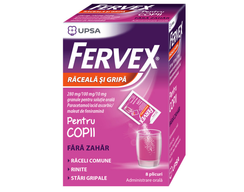 Fervex Fervex Raceala si Gripa fara zahar pentru copii, 280 mg /100 mg / 10 mg ...